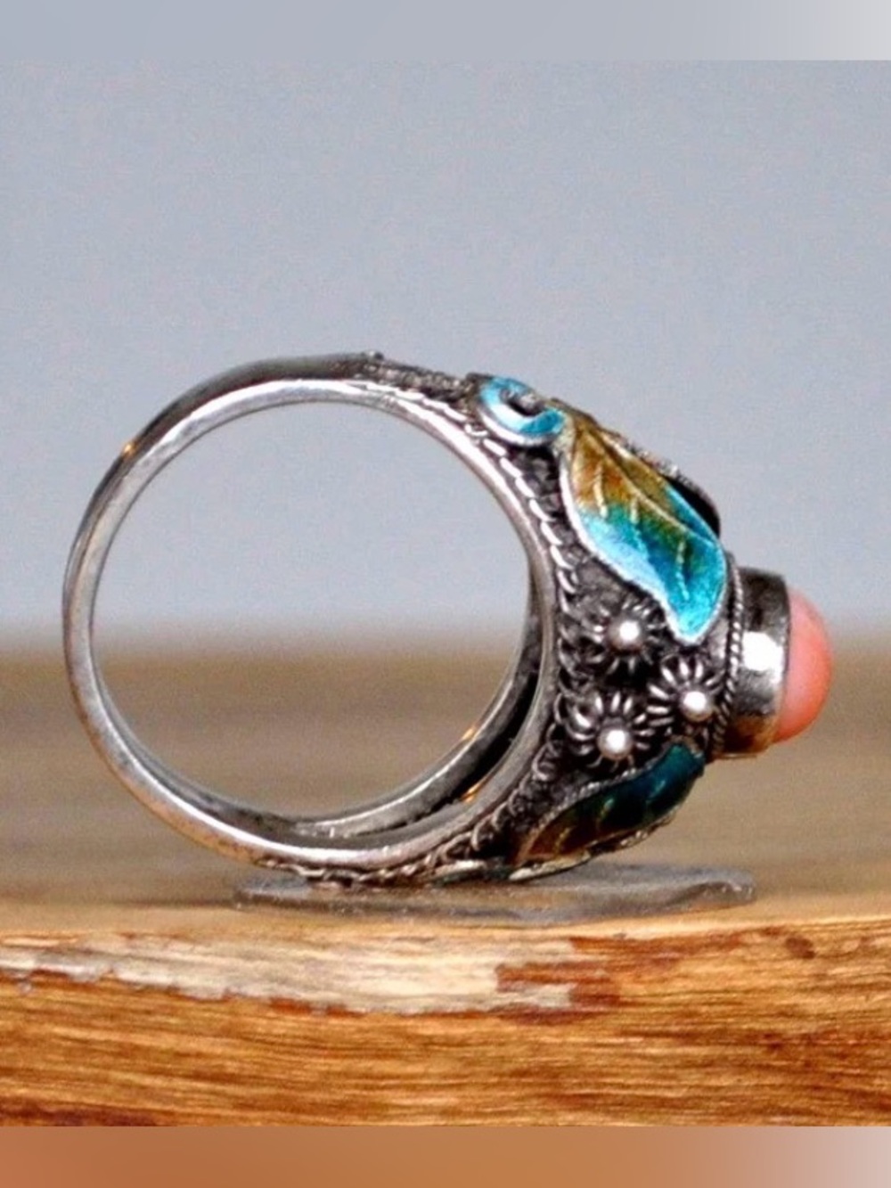 VINTAGE Coral and Cloisonné Enamel Butterfly Sterling Silver Ring, Size 7.5 - Picture 4 of 4